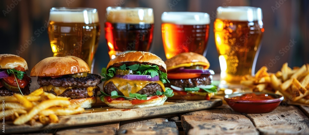 Poster Set of beers available with a variety of burger options with room for the image of your choice. Creative banner. Copyspace image