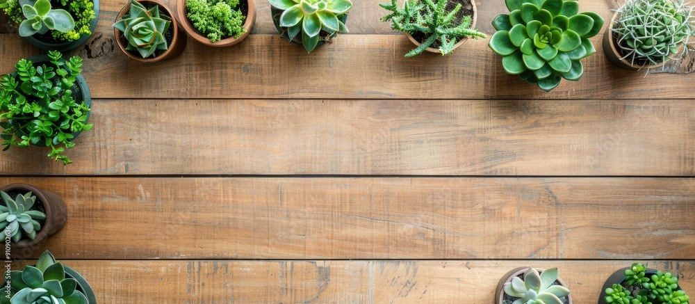 Aufkleber potted plants displayed on a wooden surface with copy space image