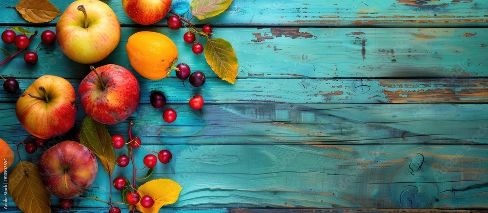 Aufkleber still life arrangement of autumn fruits on a vibrant wooden table as a background for copy space ima