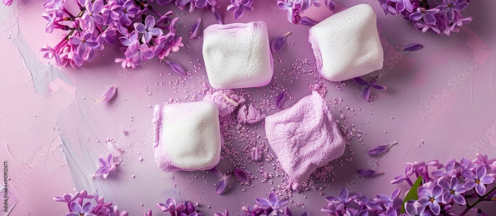 Poster Top view of a homemade marshmallow in violet color set against a background of lilac flowers and zephyr ideal for copy space image