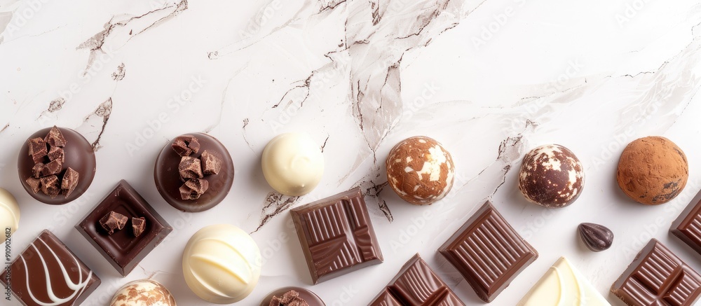 Poster variety of luxurious chocolates in white dark and milk set against a sweet themed backdrop with a bl