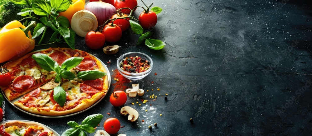 Poster pizza menu featuring a classic italian pizza with fresh vegetables and ingredients on a dark backdro