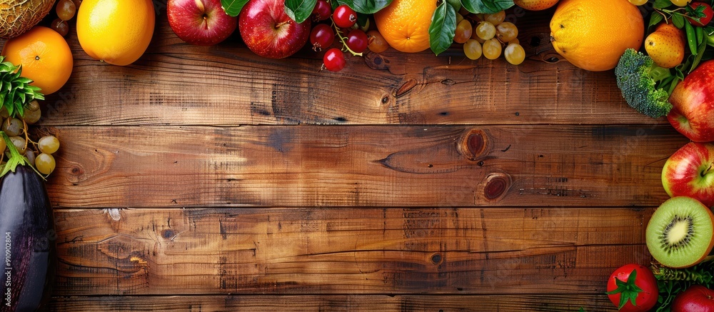 Aufkleber wooden table with a fruit frame is ideal for a copy space image emphasizing healthy food diet garden