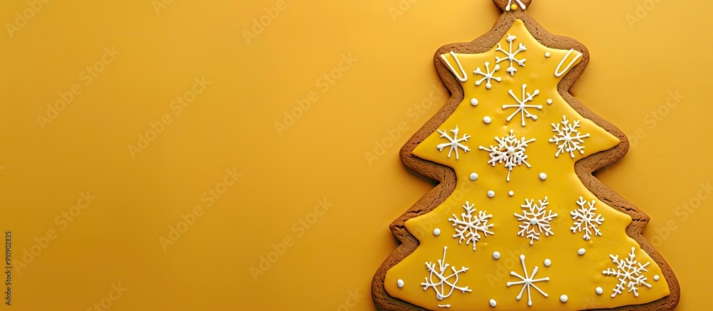 Poster Top view of a gingerbread Christmas tree displayed on a yellow background with ample copy space image for creative additions