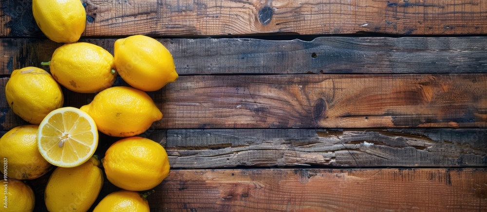 Aufkleber Lemons arranged on a wooden surface with a wood background creating a rustic copy space image