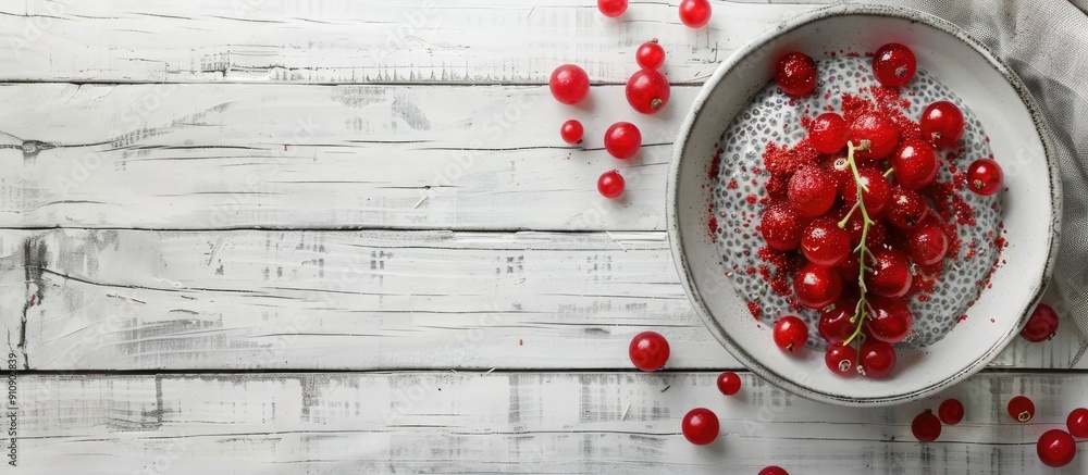 Poster Vanilla chia pudding with red berries on a white wooden backdrop perfect for a healthy snack concept with space for adding text or other images. Creative banner. Copyspace image
