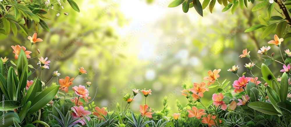 Leinwandbilder Vivid spring scene with blooming flowers and foliage set against a summery backdrop suitable for text additions in a copy space image