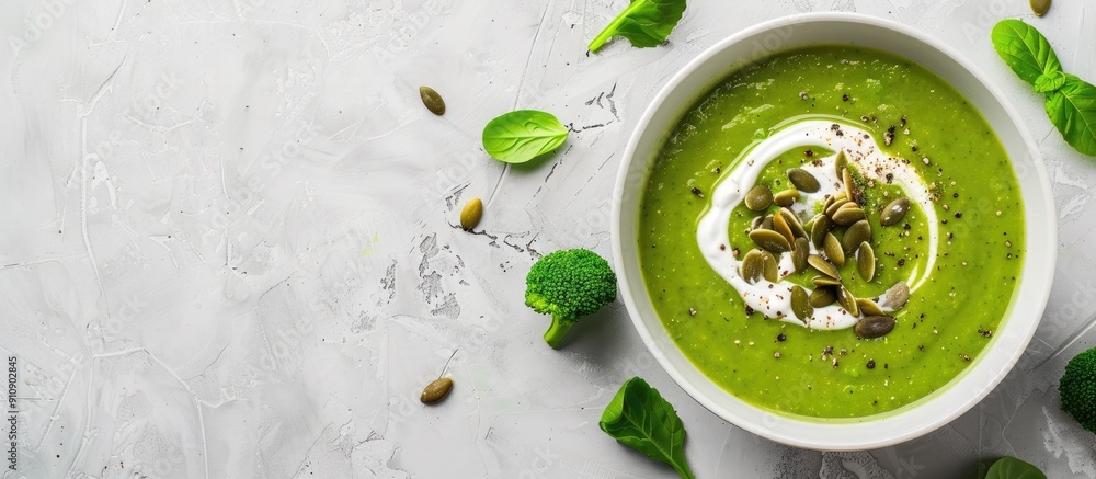 Aufkleber vegan broccoli cream soup garnished with coconut cream and pumpkin seeds served in a white bowl emph