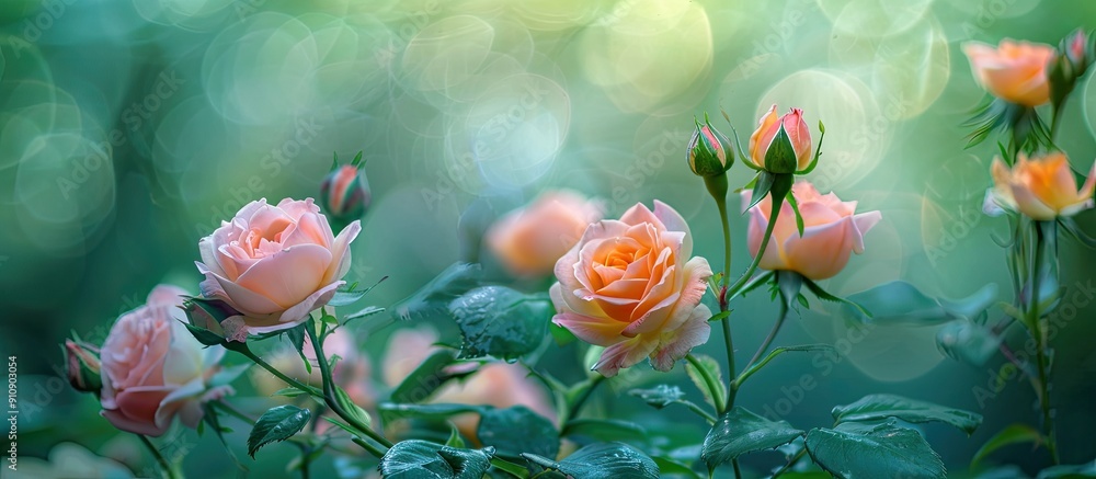 Poster A stunning display of pink and yellow roses set in front of a softly blurred green background creating an aesthetically pleasing copy space image