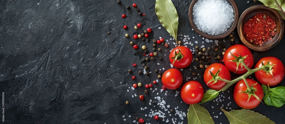 Poster Fresh tomatoes bay leaves salt pepper and red sauce spices on a dark table with a clear area for additional elements in the image