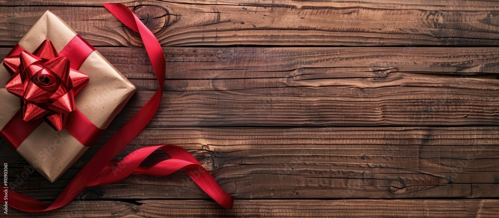 Poster wooden background with a red ribbon adorned gift box presenting ample copy space for images
