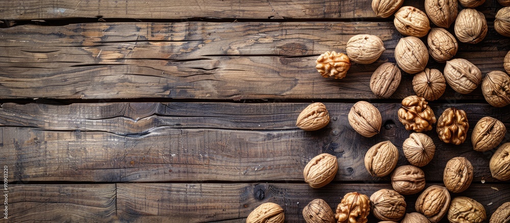 Aufkleber Top view of walnuts arranged on a rustic wooden table creating a visually appealing copy space image