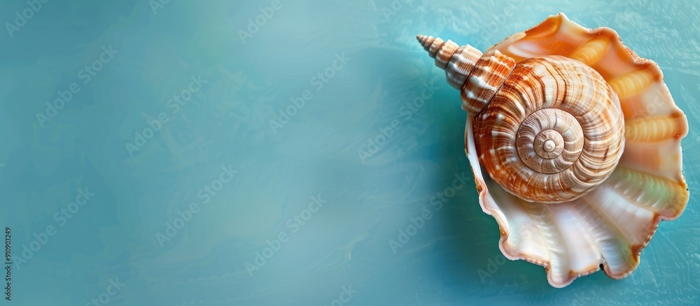 Poster sea shell spiral on blue backdrop with copy space image for text patterned summer theme with a shell