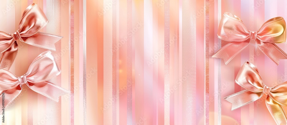 Poster romantic postcard design template with a pastel striped background adorned by shining rose gold bows