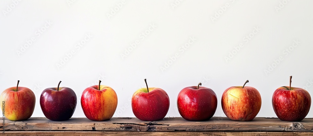 Aufkleber row of ripe apples arranged on wooden surface against a white backdrop with copy space image