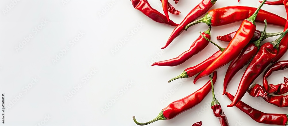 Poster Isolated on a white background a vibrant image of hot red chilies with copy space image