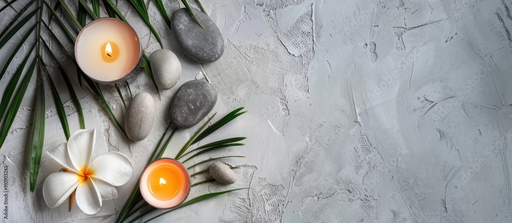 Poster Zen like grey stones a candle flower and palm leaves arranged on white stone background for a relaxing spa concept viewed from above with empty space for text or image. Creative banner