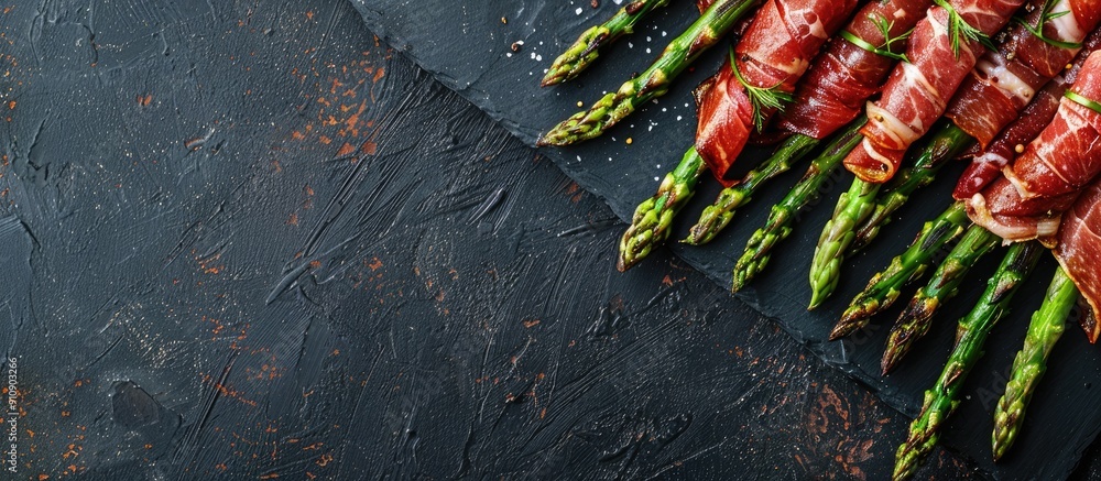Aufkleber A top down view of prosciutto wrapped asparagus with a dark backdrop and plenty of space for text or images in the frame. Creative banner. Copyspace image
