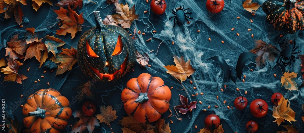 Poster flat lay halloween themed background with decorations ideal for copy space image