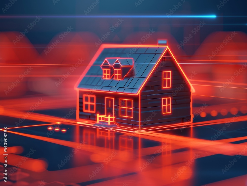 Poster futuristic smart home concept digital house model with glowing red lines and circuit board backgroun