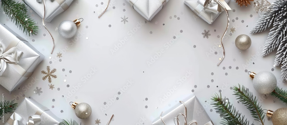 Poster festive winter background featuring a white christmas frame with gift boxes silver and gold ornament