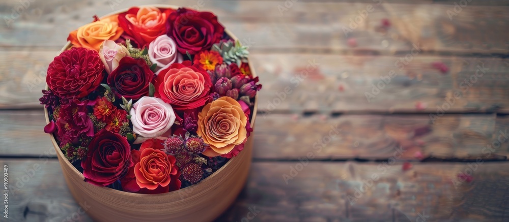 Poster a round box filled with flowers placed on a light wooden surface with happy valentine s day written 