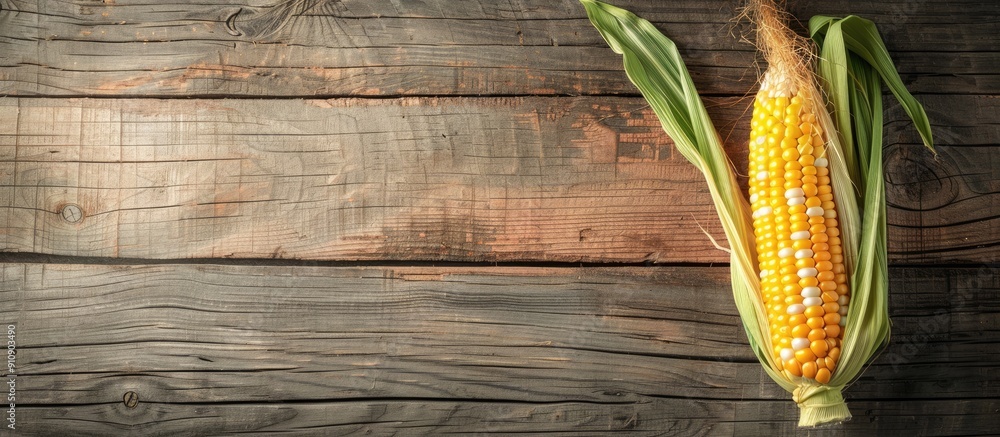 Poster Top view of a fresh sweet corn cob in its natural husk on a wooden surface with empty space for adding images. Creative banner. Copyspace image