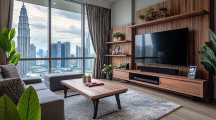 Modern living room has a TV, wooden desk, gray seat on the carpet. There's a big window with a  view of the Kuala Lumpur skyline.