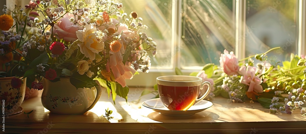 Poster a morning scene with a cup of tea on a bright table by a window surrounded by bouquets of flowers an