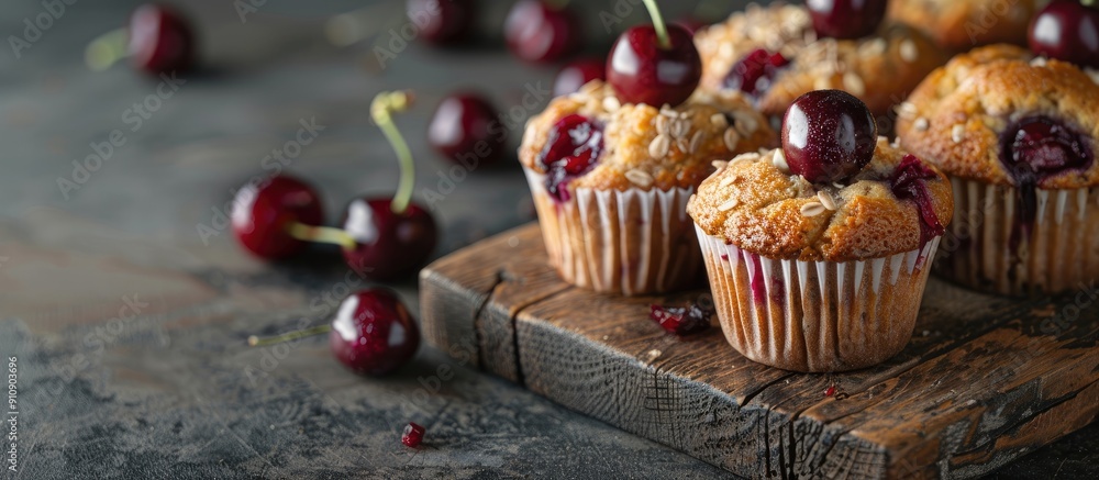 Poster gluten free muffin made with flax seeds millet and rice flour filled with cherries a rustic photo wi