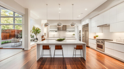 Modern kitchen with sleek white cabinets, warm wood floors, and elegant hanging lights.