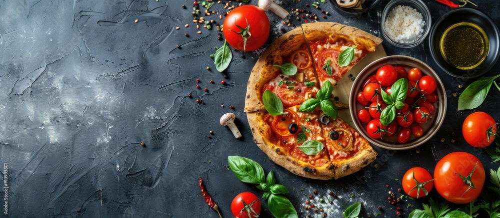 Aufkleber pizza menu featuring a classic italian pizza with fresh vegetables and ingredients on a dark backdro