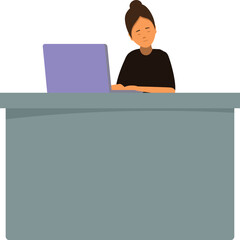 Exhausted office worker is sleeping at her desk, her head resting on the keyboard of her laptop