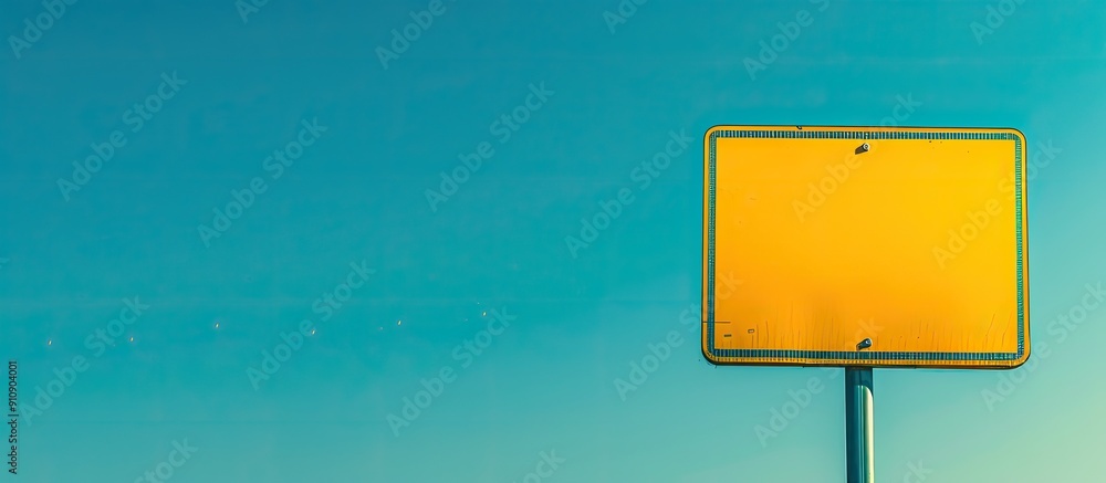 Aufkleber a political message displayed on a bright yellow sign against a clear blue sky with vast copy space 
