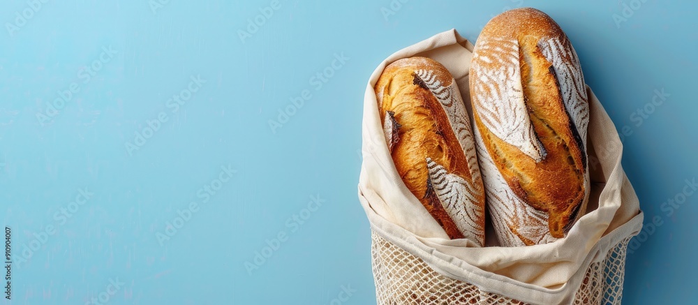 Poster flat lay with copy space image of mesh bag holding freshly baked bread on a blue background