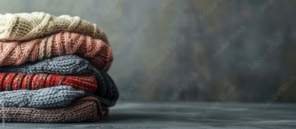 Poster Folded knitted sweaters stacked neatly on a grey table with ample copy space for text in the image