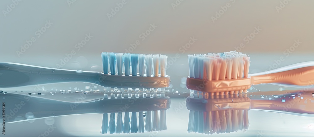 Aufkleber Two toothbrushes in different colors on a white surface with a reflection perfect for adding text or other elements in the copy space image