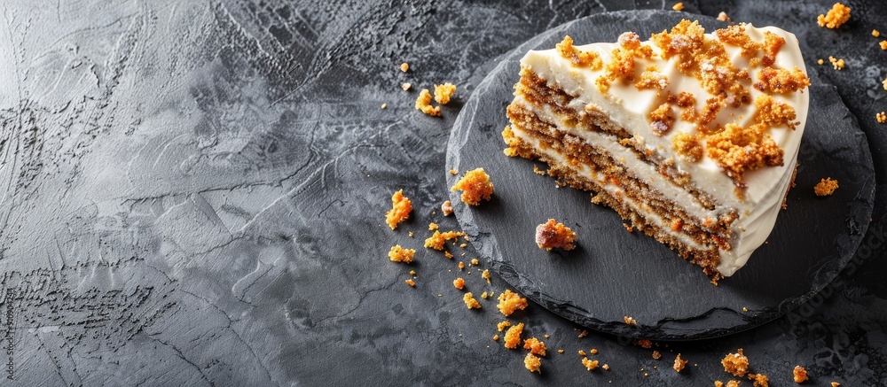Poster Top view of a vegan raw carrot cake on a gray stone surface with copy space and selective focus showcasing a slice of healthy homemade cake