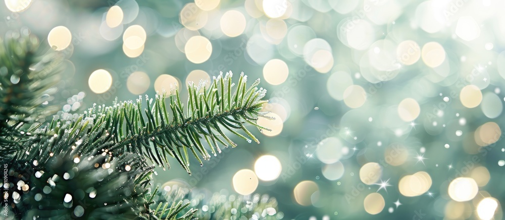Leinwandbilder new year lights illuminate an artificial fir tree branch on a bright silver bokeh background ideal f