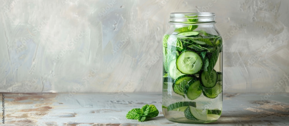 Poster Glass jar with mint and cucumber infused water on a light backdrop is a delightful copy space image