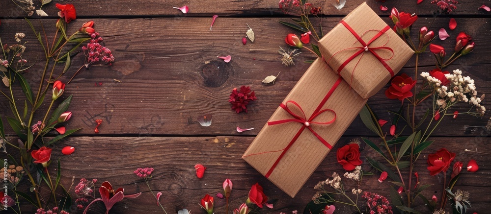 Poster Valentine s Day concept shown in a top view photograph featuring a gift box with lovely flowers and a romantic message with space for text. Creative banner. Copyspace image