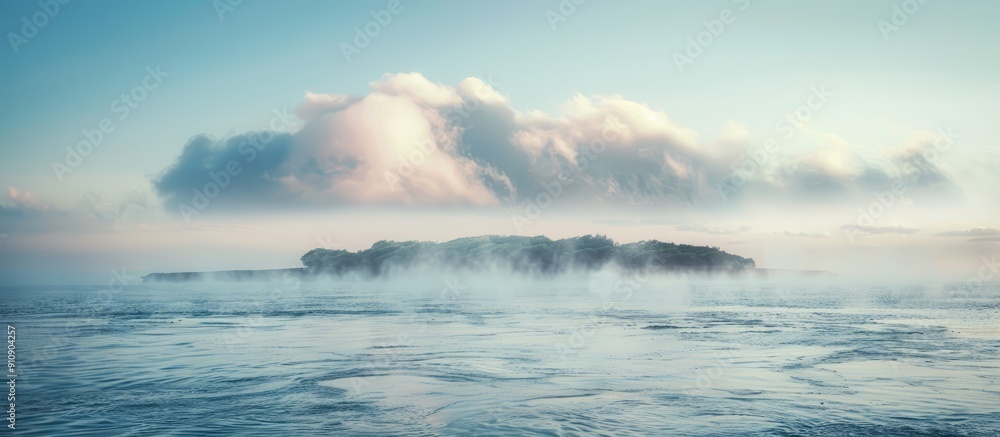 Aufkleber island covered in fog on the horizon over the sea with copy space image