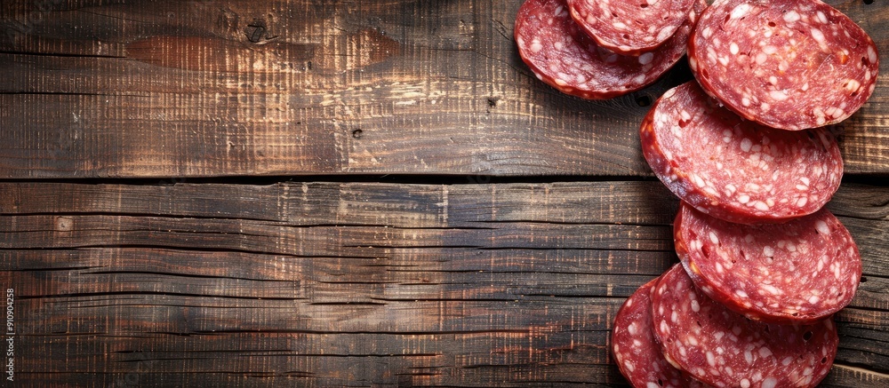 Aufkleber wooden table with sausage slices arranged ideal for copy space image