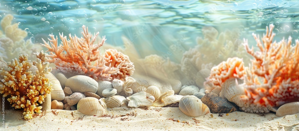 Poster seaside scene featuring coral rocks and sand on the beach against a copy space image