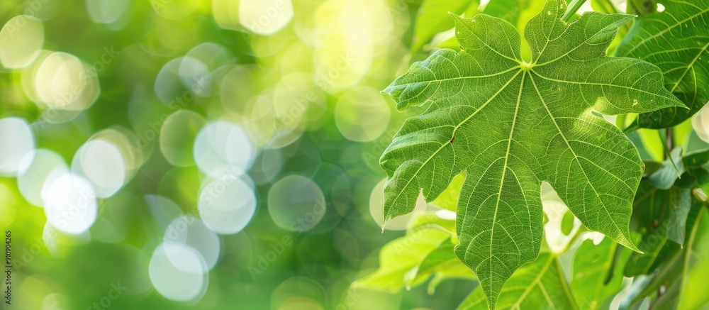 Poster nature view of a papaya leaf against a green garden backdrop with copy space image for a fresh wallp