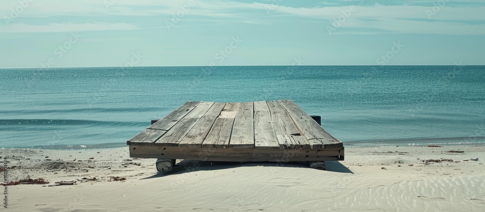 Poster a weathered wooden dock on a sandy beach in spring provides a serene backdrop perfect for a copy spa