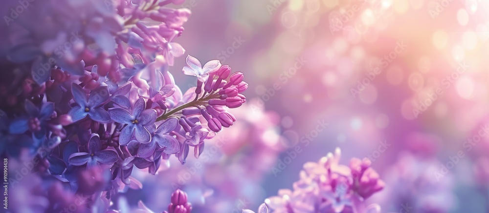Poster Selective focus on blooming lilac branches in spring with ample copy space image