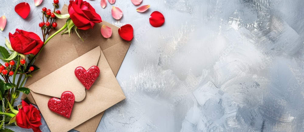 Poster valentine s day card mockup with envelope red heart and flowers on a paper background for copy space