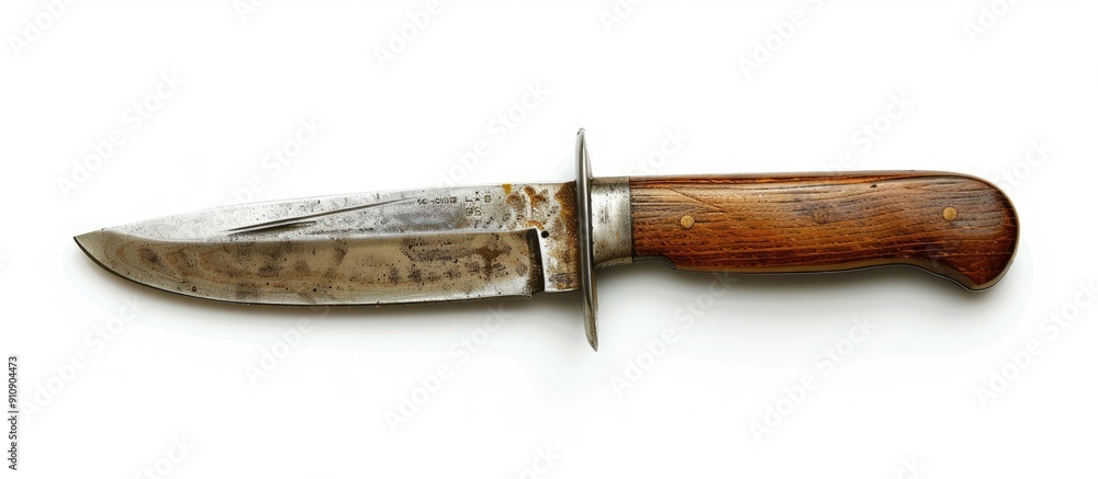 Poster a knife with a wooden handle set against a blank white background providing ample copy space image