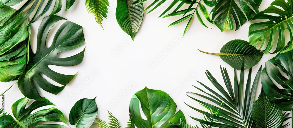 Poster A wooden frame surrounded by lush green leaves on a white background with copy space image